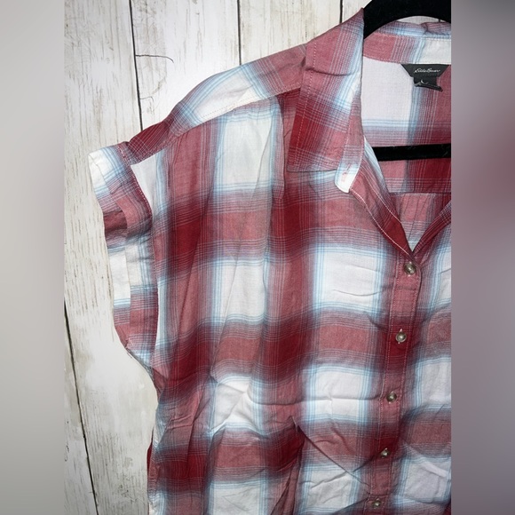 Eddie Bauer Cap Sleeve Plaid Button Up Shirt White Red Blue Size Large - Picture 3 of 6